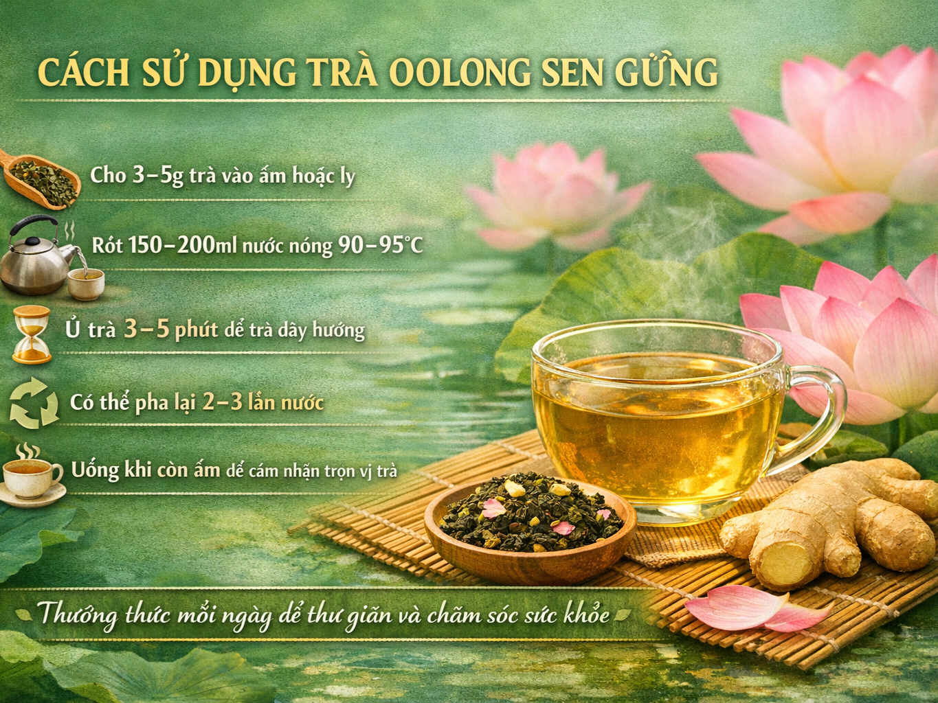 Cách sử dụng Trà Oolong Sen Gừng rất đơn giản, phù hợp uống hằng ngày để thưởng thức và chăm sóc sức khỏe: